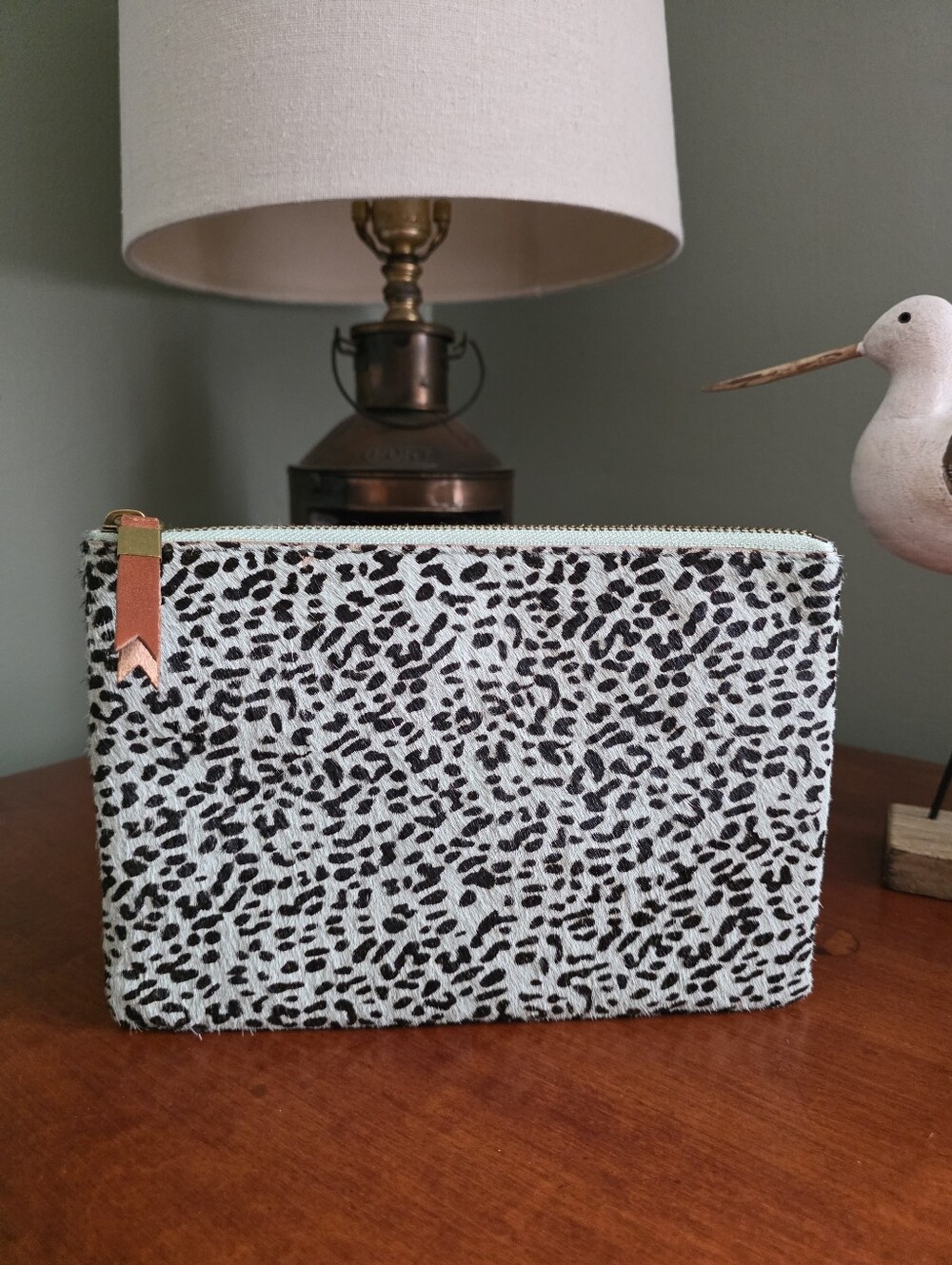 Madewell Spotted Calf Hair Leather Pouch Clutch Sage Mist Leopard NWT